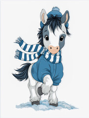 Cute cartoon pony wearing blue ski goggles and a scarf, snowboarding on a snowy slope, showcasing playful winter sports fun and adventure in a vibrant illustration