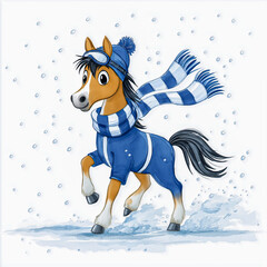 Cute cartoon pony wearing blue ski goggles and a scarf, snowboarding on a snowy slope, showcasing playful winter sports fun and adventure in a vibrant illustration