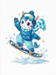 Cute cartoon pony wearing blue ski goggles and a scarf, snowboarding on a snowy slope, showcasing playful winter sports fun and adventure in a vibrant illustration