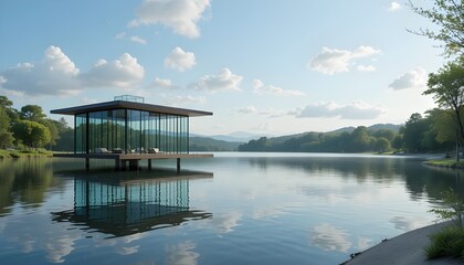 Fototapeta premium Floating glass pavilion over serene lake