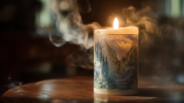 Scented candle with mountain and eagle design, emitting smoke