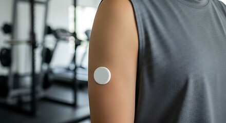 Person with continuous glucose monitor attached to arm in gym setting