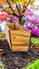 Wooden planter box in autumn garden
