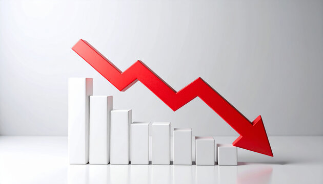 Minimalist red graph with bold red arrow pointing downward, business risk, financial decline