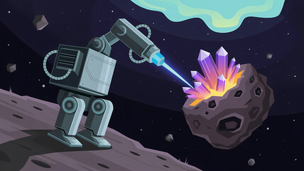 Flat art mining robot extracting rare crystals from asteroid in deep space with nebula backdrop