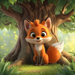 Fox in the woods. 3D animation style cute cartoon fox sitting under a big tree.