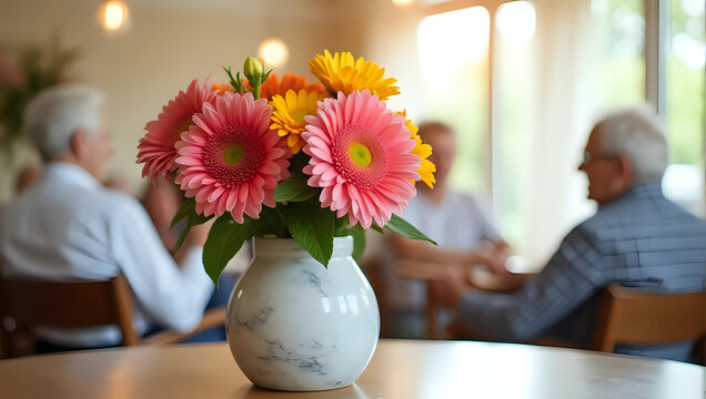 Colorful flowers in vase, vibrant assisted living community common area background, retirement engaged residents interaction - senior activity, social interaction, care, joyful togetherness - Powered by Adobe