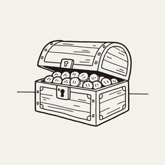 A hand-drawn illustration of an open treasure chest overflowing with gold coins.