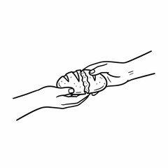 Two hands passing a loaf of bread to another hand in a simple, linear illustration.