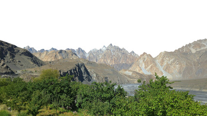 Passu Cones in Gojal Valley Gilgit Isolated on a White Background with Copy Text Space. Iconic Mountain Element for Travel Posters, Cultural Themes, and Nature-Inspired Designs. PNG File