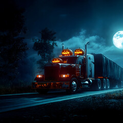 Cargo truck carrying shining carved Halloween pumpkins on the road next to the graveyard at midnight with full moon shining. Concept of cargo, shipping, logistics, delivery and Halloween celebration.