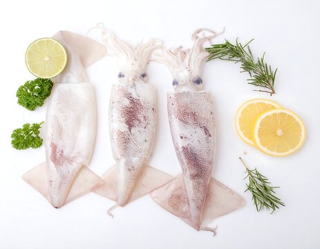 Three fresh squids arranged with lemon, lime, parsley, and rosemary on a white background