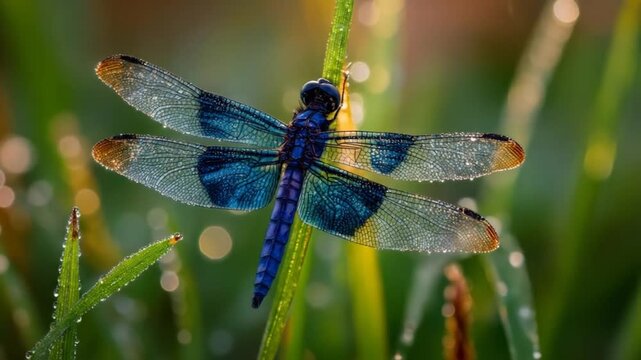 Close-up of a blue dragonfly perched on a green blade of grass with dew drops