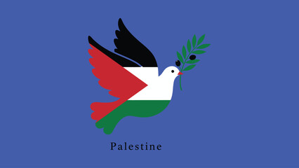 Naklejka premium Flat vector dove carrying olive branch in Palestine flag ,Palestine Solidarity Day Flat Minimal Poster 