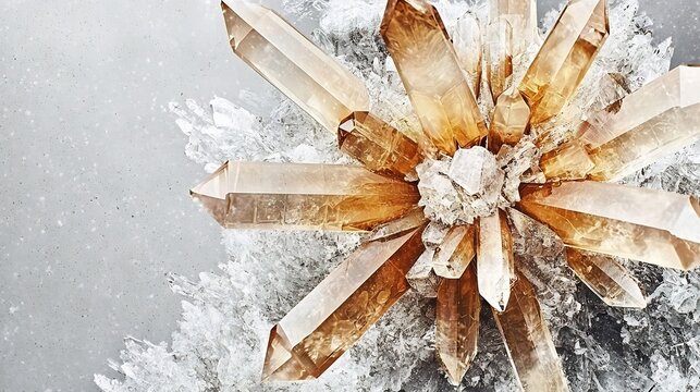 Crystalline caffeine structure magnified under microscope on a gray backdrop