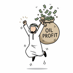 Cartoon of an arab man jumping in the air holding a bag labeled "Oil Profit" with money flying out.