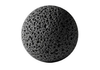 Monumental sphere of dark charcoal volcanic ash, rough and pitted, on a transparent background with copy space, high-key studio light, emphasizing primeval geological power
