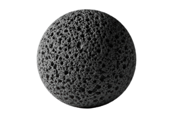 Monumental sphere of dark charcoal volcanic ash, rough and pitted, on a transparent background with copy space, high-key studio light, emphasizing primeval geological power