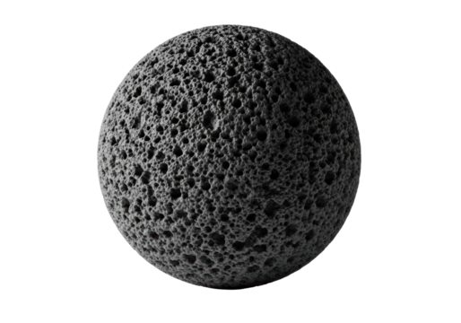 Monumental sphere of dark charcoal volcanic ash, rough and pitted, on a transparent background with copy space, high-key studio light, emphasizing primeval geological power