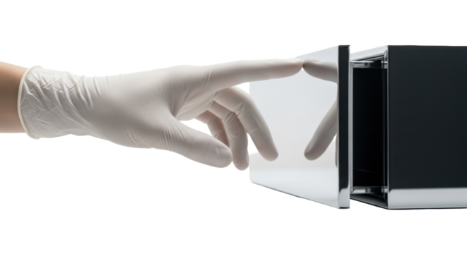 A meticulously detailed human hand in a transparent sterile glove gently slides open a sleek, reflective silver chrome panel on a transparent background with copy space, new beginnings concept