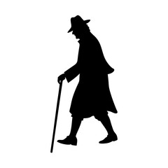 Old man walking with stick silhouette