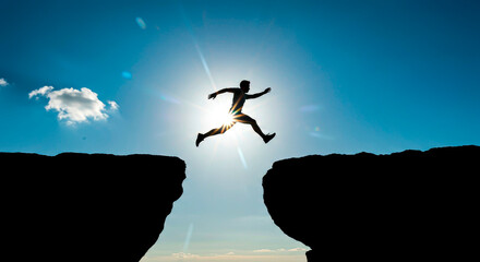 Naklejka premium Between Fear and Opportunity: The Decisive Moment. A Leap of Faith: Across the Chasm to the Goal