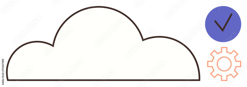 Poster outline of a cloud with a gear and checkmark suggesting technology, cloud computing, service efficie
