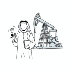 An illustration depicts a man in traditional attire holding a diploma near an oil pump.