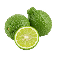 Fototapeta premium Fresh kaffir lime fruits and slice isolated on transparent background
