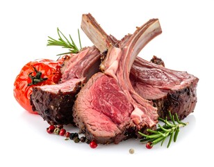 Three roasted lamb chops with rosemary and peppercorns, accompanied by a roasted tomato