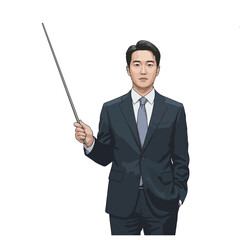 Confident young man in a suit pointing with a stick, presenting a concept or idea with a professional demeanor