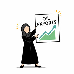 An illustration of a woman in traditional attire presenting a chart showing oil export growth.