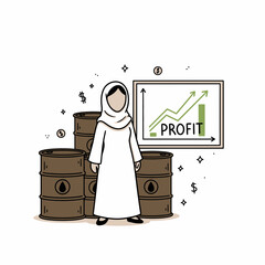 A woman in traditional dress stands in front of oil barrels and a profit chart with rising arrows.