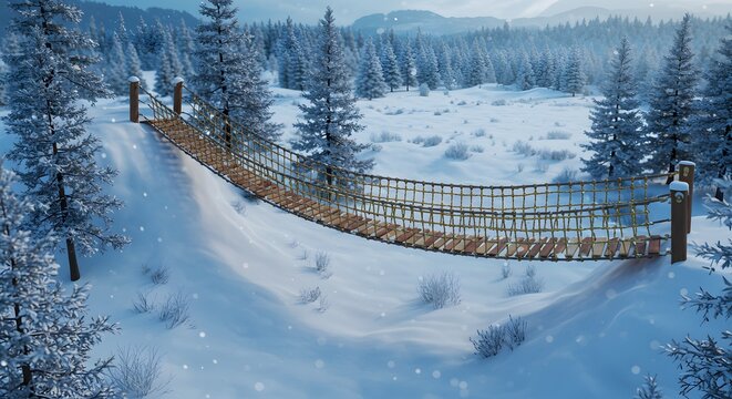 Wooden suspension bridge in snowy forest - Powered by Adobe