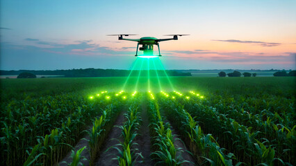 Fototapeta premium Agricultural drone spraying crops with green light at sunset over a field