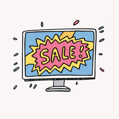 Handdrawn Sketchy Style Monitor with Sale Burst on Screen Illustration