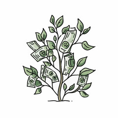 Hand Drawn Money Tree Illustration with Dollar Bills and Green Leaves