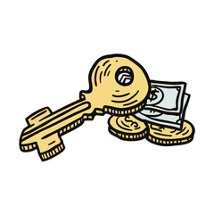 Whimsical Handdrawn Key Money Symbol with Coins and Banknotes Illustration