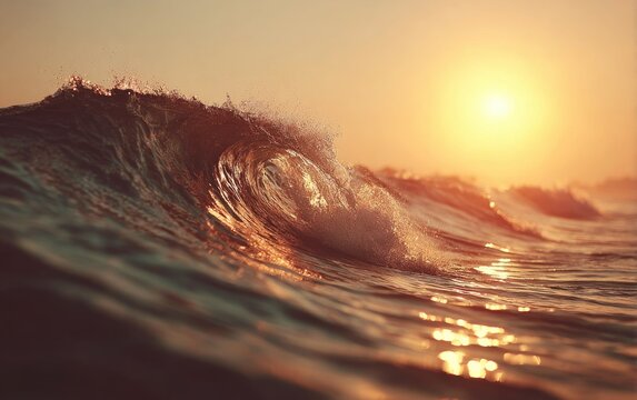 A breathtaking ocean wave curls around, showcasing golden sunrise hues and sparkling water.