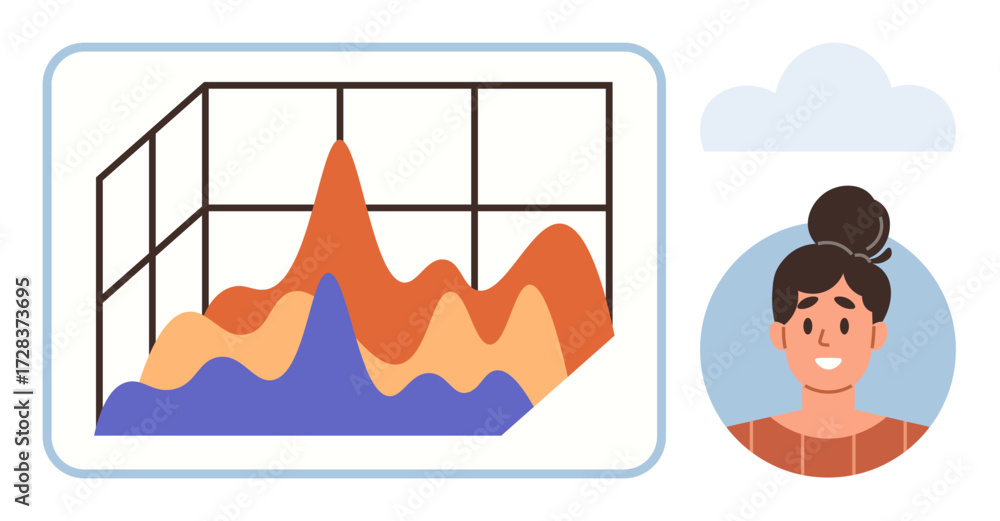 Poster multi-colored 3d area chart in grid alongside smiling woman avatar in a cloud. ideal for teamwork, a