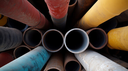 Colorful pipes in a pile, assorted colors, large diameter, some with rust, interesting composition. Lots of pipes ready for use. Construction