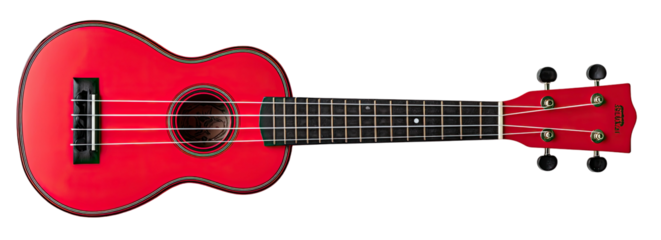 Bright red ukulele against a black background