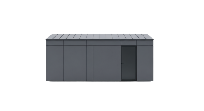 Sleek, matte charcoal grey modular dwelling unit with dark roof and black glass entrance, on infinite white studio background with copy space. Concept of futuristic minimalist architecture