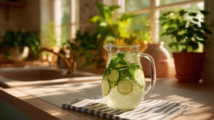 A refreshing pitcher of cucumber mint water sits on a striped towel, surrounded by lush greenery in a sunlit kitchen.