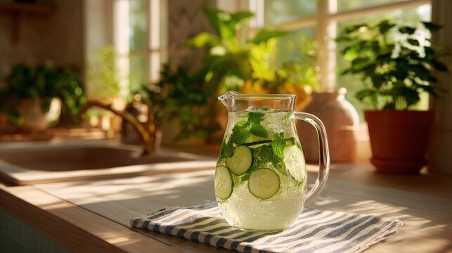 A refreshing pitcher of cucumber mint water sits on a striped towel, surrounded by lush greenery in a sunlit kitchen.