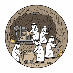 Illustration shows miners in a cave extracting resources using tools and equipment.