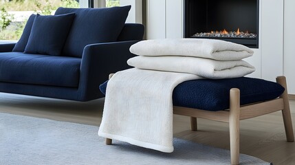 Cozy Cream Blankets on Modern Wooden Bench in Living Room