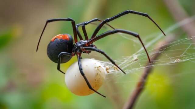 Black spider with red dots carries egg sack in its web, against a green background