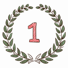 Cute Handdrawn Number One with Laurel Wreath Decoration Graphic Element