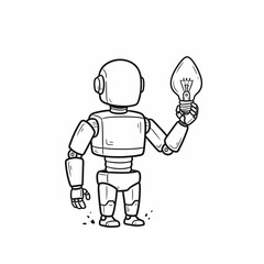 A robot figure holds a lightbulb, representing an idea or innovation, in a black and white line drawing.